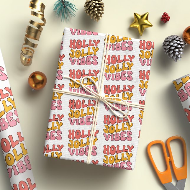 Holly Jolly Vibes Groovy Retro Christmas Wrapping Paper (Creator Uploaded)