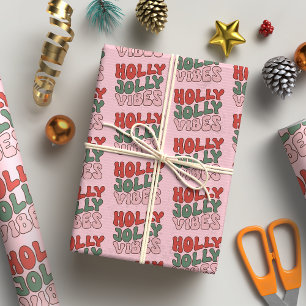 Holly Jolly Vibes Groovy Retro Christmas Wrapping Paper