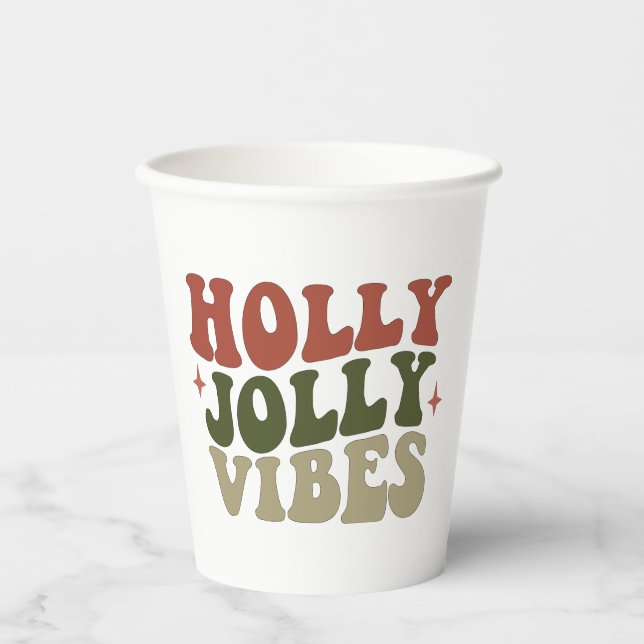 Holly Jolly Vibes Retro 1960s Christmas Party Paper Cups (Front)