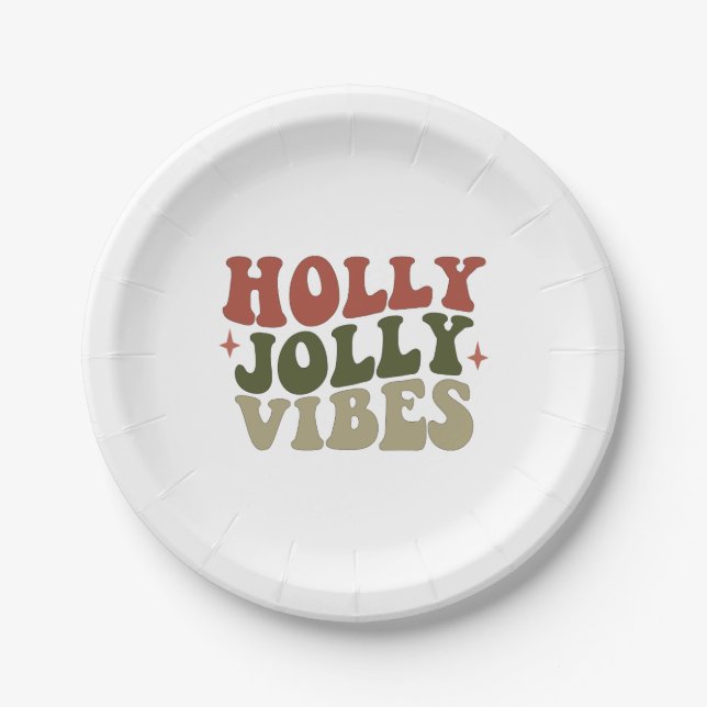Holly Jolly Vibes Retro 1960s Christmas Party Paper Plate (Front)