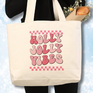 Holly Jolly vibes, Retro Christmas Long Sleeve Large Tote Bag