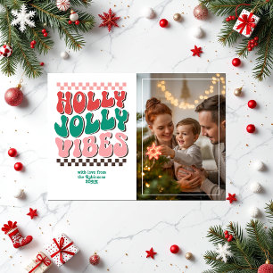 "Holly Jolly Vibes" Retro Christmas Photo Holiday Card