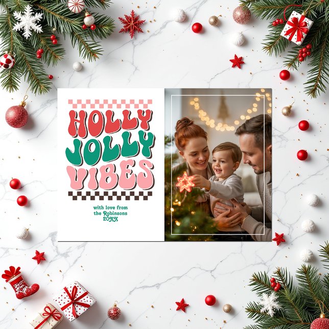"Holly Jolly Vibes" Retro Christmas Photo Holiday Card ("Holly Jolly Vibes" Retro Christmas Photo Holiday Card)