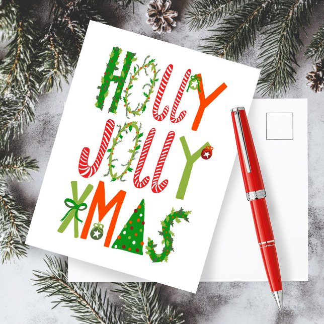 HOLLY JOLLY XMAS Lettering Holiday Christmas Postcard (HOLLY JOLLY XMAS Handlettering Illustration Sweet Holiday Christmas Postcard
)