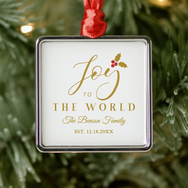 Holly Joy to the World Golden Christmas Quote Metal Ornament (Tree)