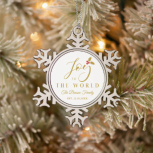 Holly Joy to the World Golden Christmas Quote Snowflake Pewter Christmas Ornament
