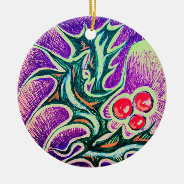 Holly Leaf and Berry Colourful Ceramic Ornament (Front)