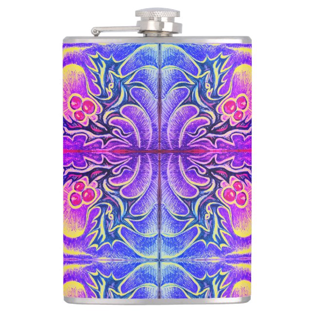 Holly Leaf and Berry Colourful Hip Flask (Front)