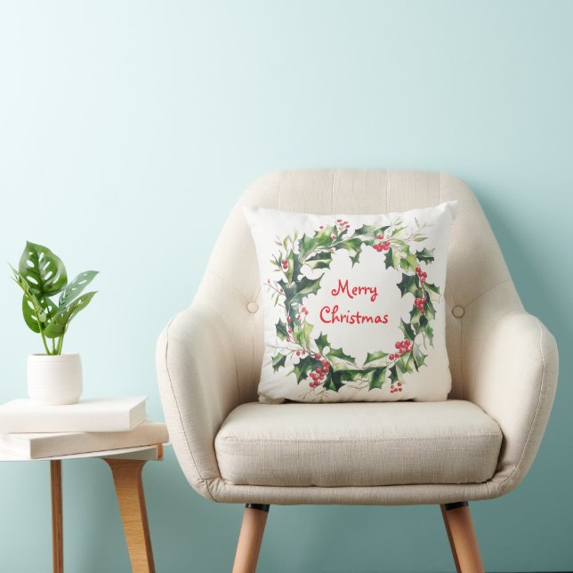 Holly leaves and berries Christmas wreath Cushion (Chair)