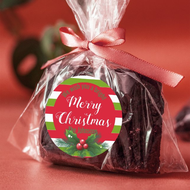 Holly Leaves and Berries Green White Red Christmas Classic Round Sticker (Creator Uploaded)