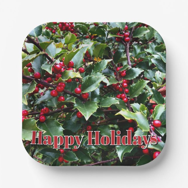 Holly leaves and Berries Paper Plate (Front)