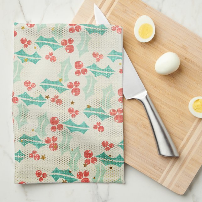 Holly Leaves and Berries Retro Style Kitchen Tea Towel (Quarter Fold)