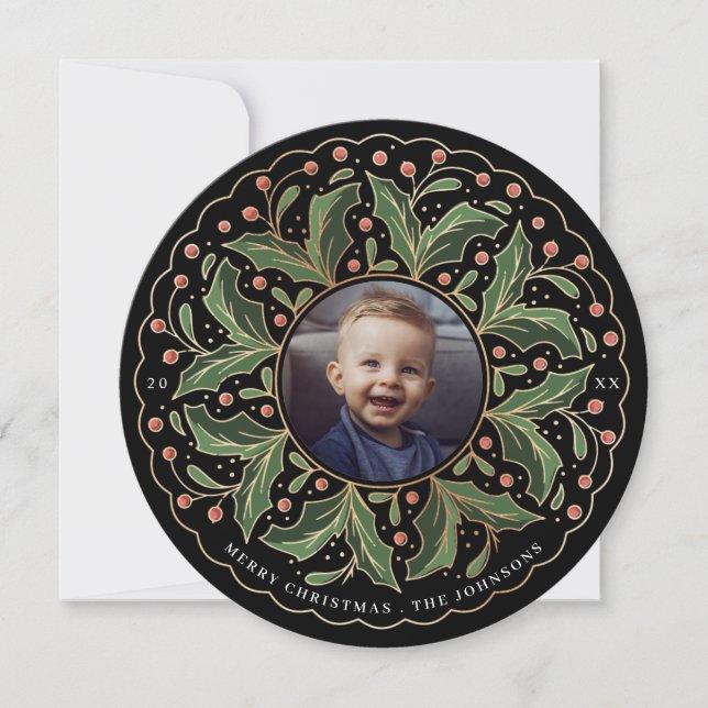 Holly Leaves and Berries Round Photo Holiday Card (Front)