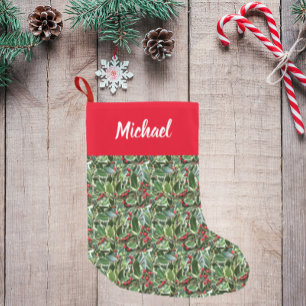 Holly Leaves and Berries with Personalised Name Small Christmas Stocking