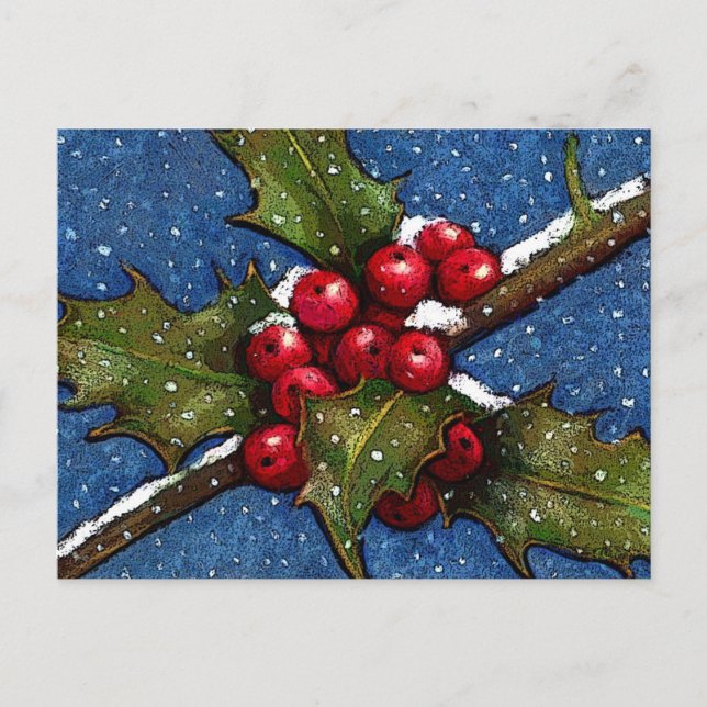 Holly Leaves and Berries With Snow Falling Postcard (Front)