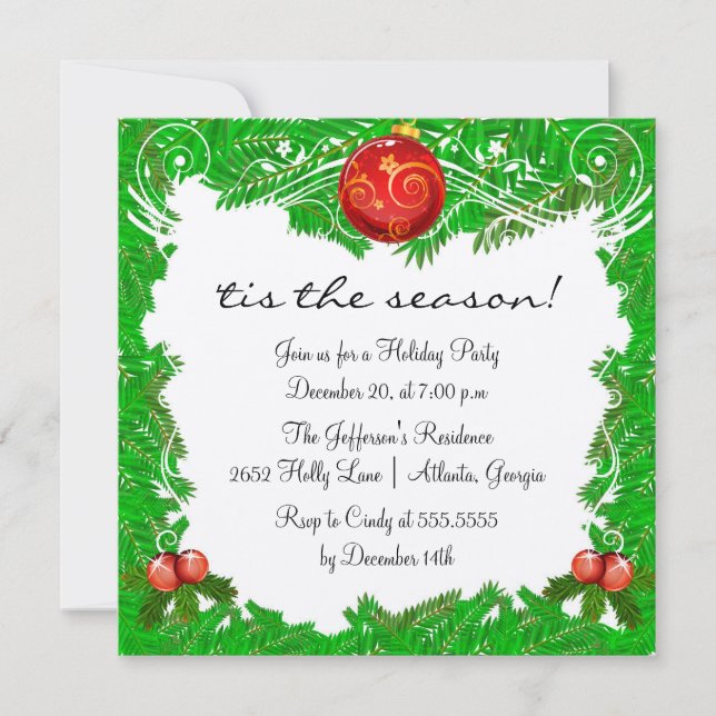 Holly Leaves and Ornaments Holiday Party Invitation (Front)