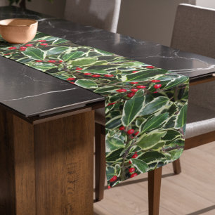 Holly Leaves and Red Berries Holiday Short Table Runner