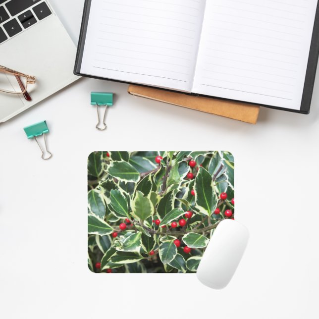 Holly Leaves and Red Berries Seasonal Mouse Pad (In Situ)