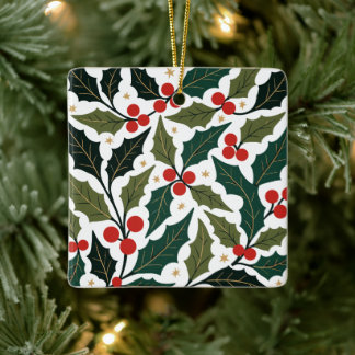Holly Leaves And Stars Retro Modern Background  Ceramic Ornament