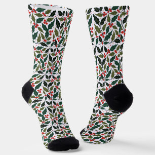 Holly Leaves And Stars Retro Modern Background Socks