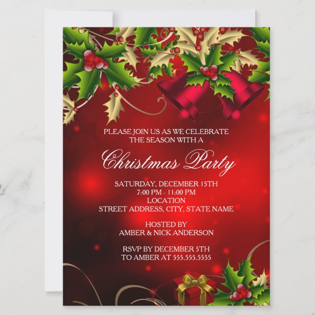 Holly Leaves & Bell Red Christmas Party Invite (Front)