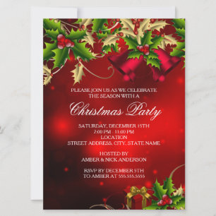 Holly Leaves & Bell Red Christmas Party Invite