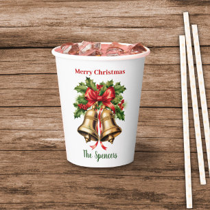 Holly Leaves & Berries Gold Bells Merry Christmas Paper Cups