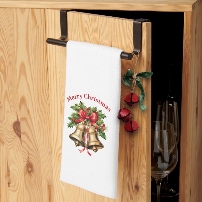 Holly Leaves & Berries Gold Bells Merry Christmas  Tea Towel (Creator Uploaded)