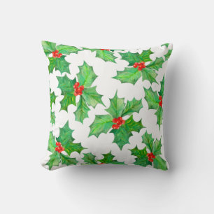 Holly Leaves, Berries, Red, Green Floral Christmas Cushion