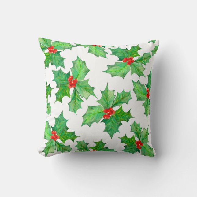 Holly Leaves, Berries, Red, Green Floral Christmas Cushion (Front)