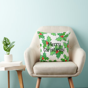 Holly Leaves, Berries, Red, Green Floral Christmas Cushion