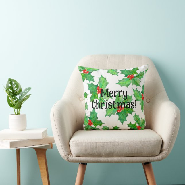 Holly Leaves, Berries, Red, Green Floral Christmas Cushion (Chair)