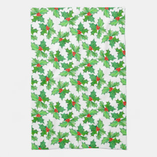 Holly Leaves, Berries, Red, Green Floral Christmas Tea Towel