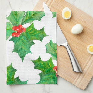 Holly Leaves, Berries, Red, Green Floral Christmas Tea Towel