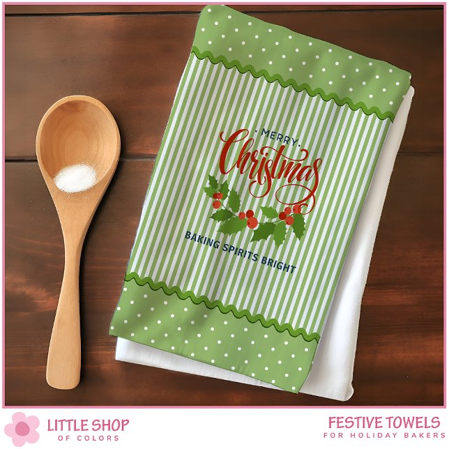 Holly Leaves Berries Vintage Stripes Christmas Tea Towel (Creator Uploaded)