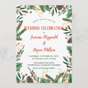 Holly Leaves Berry Christmas   Wedding Invitation