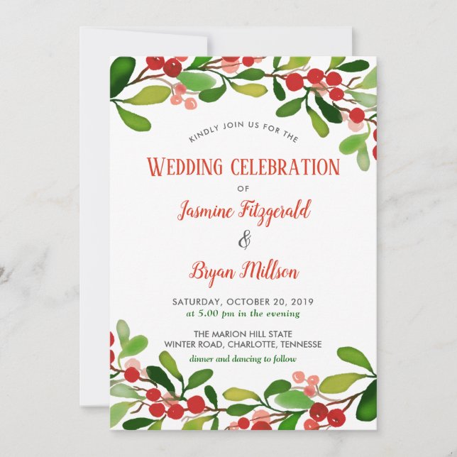 Holly Leaves Berry Christmas | Wedding Invitation (Front)