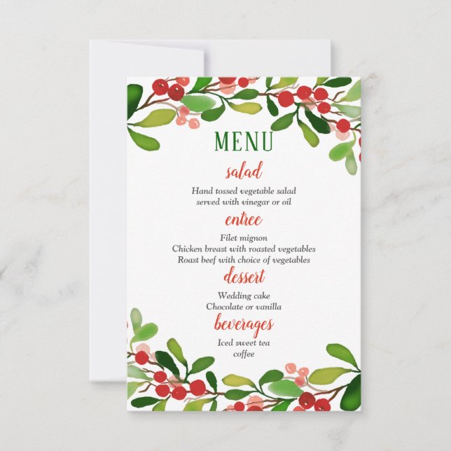 Holly Leaves Berry Christmas | Wedding Menu Invitation (Front)