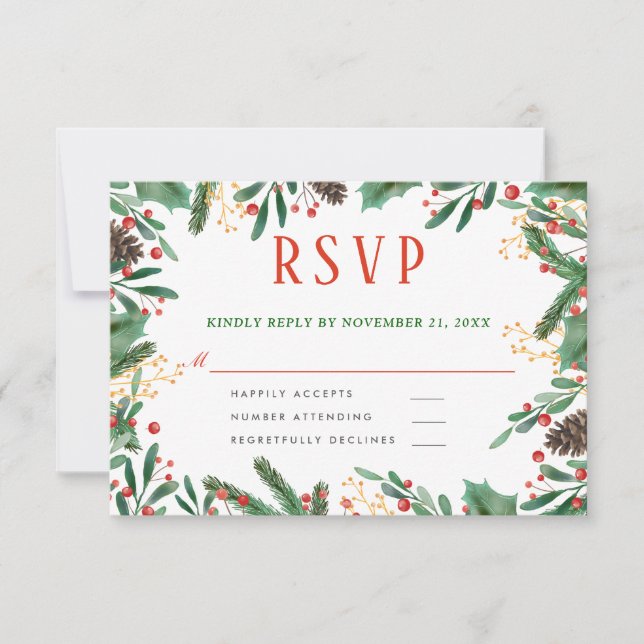 Holly Leaves Berry Christmas | Wedding RSVP (Front)