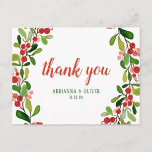 Holly Leaves Berry Christmas Wedding Thank You Postcard