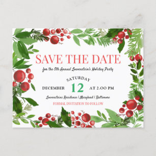 Holly Leaves   Berry Holiday Party Save The Date Announcement Postcard