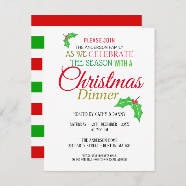 Holly Leaves Christmas Dinner Invitation (Front/Back)