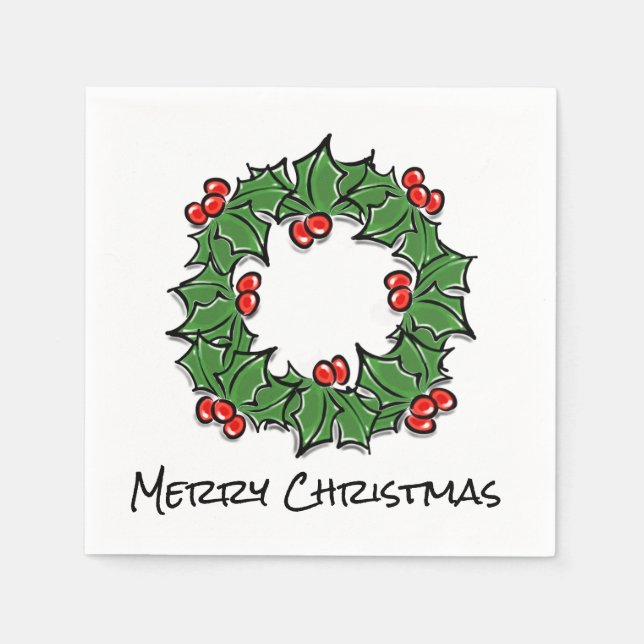 Holly Leaves, Holly berries, Christmas wreath  Napkin (Front)