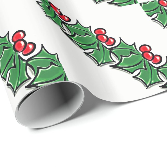 Holly Leaves, Holly berries, Christmas wreath  Wrapping Paper (Roll Corner)