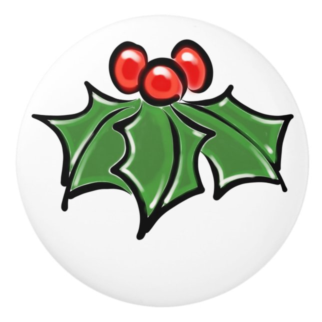 Holly Leaves, Holly berries, fun holiday botanical Ceramic Knob (Front)