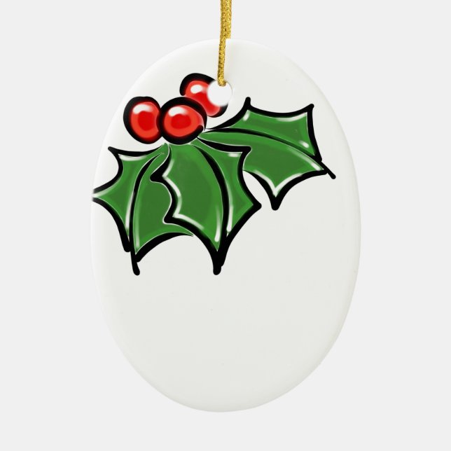 Holly Leaves, Holly berries, fun holiday botanical Ceramic Tree Decoration (Front)