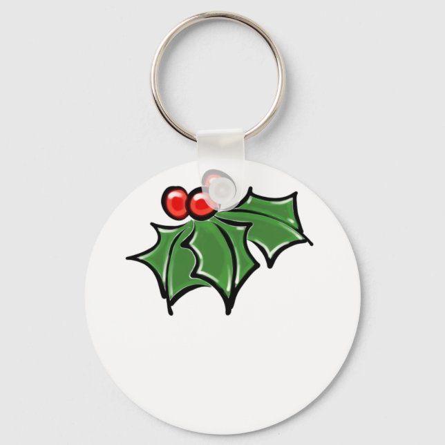 Holly Leaves, Holly berries, fun holiday botanical Key Ring (Front)