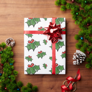 Holly Leaves, Holly berries, fun holiday botanical Wrapping Paper