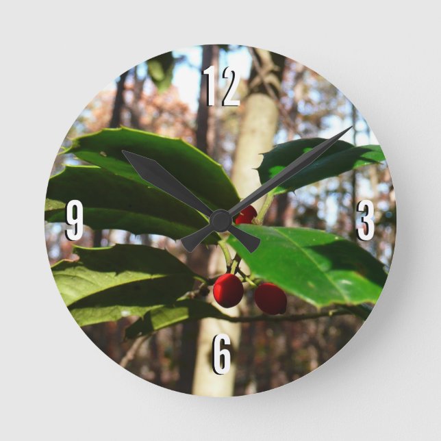 Holly Leaves I Holiday Botanical Round Clock (Front)