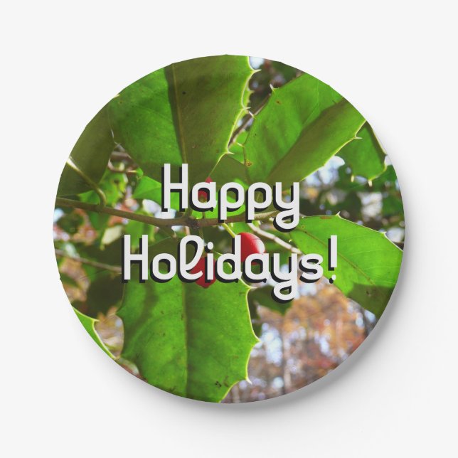 Holly Leaves II Holiday Nature Botanical Paper Plate (Front)